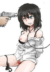 1boy abuse after_rape after_sex aiming aqua_eyes arms_behind_back at_gunpoint bad_id black_bra black_hair black_panties blood bondage bound bra bra_pull breast_slip breasts bruise clenched_teeth collar dutchko escape_from_tarkov female gun gun_to_head handgun holding holding_gun holding_weapon injury leash medium_breasts nipples off_shoulder one_breast_out one_eye_closed original panties panties_around_leg pistol rape restrained short_hair simple_background sitting tears teeth underwear vaginal_blood virgin virginal_blood weapon white_background