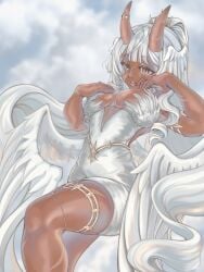 1girl akumi blurry breasts dark_skin horns indie_virtual_youtuber long_hair monster_girl solo vyugen white_hair white_wings wings