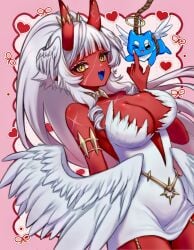 1girl akumi angel_wings bangs breasts cleavage cowboy_shot eyebrows_visible_through_hair feathered_wings feathers heart horns indie_virtual_youtuber large_breasts long_hair looking_at_viewer open_mouth pink_background ponytail red_skin smile solo very_long_hair vyugen white_hair white_wings wings yellow_eyes