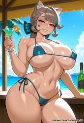 1girl 1girls ai_generated animal_ears ass beach big_ass big_breasts bikini bimbo blush brown_hair cameltoe cat's_tail cat_ears cocktail contrapposto curvaceous_female curvaceous_figure curvy curvy_body erect_nipples_under_clothes facial_mark fat_ass female female_focus flirting flirting_with_viewer genshin_impact hair_bow horny hot_day huge_breasts inviting_to_sex large_ass large_breasts looking_at_viewer lynette_(genshin_impact) mature_female mihoyo milf mommy ocean outdoors palms posing presenting presenting_self purple_eyes remington34 seductive_look smile star_on_cheek tan_lines thicc_thighs tiki_bar wet wet_hair wide_hips