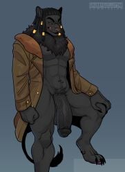 abs absurd_res accessory anthro balls big_balls big_penis black_penis clothing coat doorway dreadlocks eyebrows felid feline genitals gold_(metal) gold_jewelry goryguillo gradient_background hair_accessory hi_res horus_wild jewelry licking licking_lips lion male mammal mane muscular muscular_anthro muscular_male pantherine penis simple_background solo standing tongue tongue_out topwear vein veiny_penis
