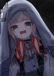 1girl absurdres amputee bib_collar blonde_hair blood blood_on_arm commentary_request cross_ornament crying crying_with_eyes_open dress frilled_dress frilled_sleeves frills guro highres hikami_meruru long_hair long_sleeves mahou_shoujo_no_majo_saiban no_hands oekaki_amane open_mouth priestess purple_eyes solo tears veil white_dress white_veil wide_sleeves