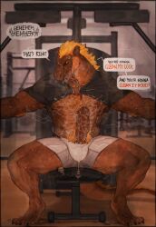anthro big_penis blonde_hair bodily_fluids bottomwear bulge clothing cum cum_everywhere cum_in_mouth cum_in_own_mouth cum_in_self cum_inside cum_on_chest cum_on_face cum_on_own_chest cum_on_own_face cum_on_penis cum_on_self detailed_bulge excessive_cum excessive_genital_fluids excessive_sweat eyebrow_piercing facial_piercing fanofthefurr front_view genital_fluids genitals gym hair hi_res humanoid_genitalia humanoid_penis inside kole_(fanofthefur) lizard male messy muscular muscular_anthro muscular_male penis piercing presenting presenting_penis reptile scalie shirt shorts solo spread_legs spreading sweat t-shirt tongue tongue_out topwear weight_machine
