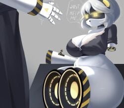 1boy 1girls alaki_zezo amputee asking_for_help big_boobs big_breasts breasts_bigger_than_head choker chubby drone glitch_productions large_breasts male/female murder_drones n_(murder_drones) no_legs quadruple_amputee robot robot_girl straight text text_bubble thick_thighs thighs v_(murder_drones) yellow_eyes yellow_eyes_female