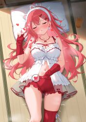 1girl absurdres ahoge animal_ear_hairband animal_ears asymmetrical_legwear babydoll breasts breasts_out cat_ear_hairband cat_earrings cat_ears closed_eyes commentary_request double-parted_bangs earrings fake_animal_ears female_masturbation fingerless_gloves gloves hair_between_eyes hair_ornament hairband hairclip hand_under_clothes hand_under_shorts head_on_pillow heart highres hololive indoors jewelry long_hair loose_gloves lying masturbation navel necklace official_alternate_costume on_back paid_reward_available pillow pink_hair red_gloves red_shorts red_thighhighs ribbed_thighhighs sakura_miko sakura_miko_(loungewear) short_shorts shorts single_sidelock single_thighhigh solo spoken_heart stomach thighhighs virtual_youtuber white_babydoll white_clover_(unfy8472) white_hairband x_hair_ornament