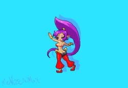 1girls ass_visible_through_thighs big_breasts blue_eyes breasts completely_nude dark_skin earrings female fire gold_jewelry grin hair_cuff headband long_hair magic navel noscium nude pixel_art pointy_ears ponytail purple_hair pussy shantae shantae_(character) smile tagme wet wide_hips animated ass bikini pasties