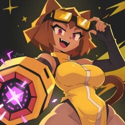 1girl 1girls breasts canon female female_focus female_only furry gameoverse glasses glitch_productions kit_(gameoverse) kit_bodega open_mouth tail weapon