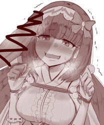 absurdres blush breasts censored fate/grand_order fate_(series) female fingerless_gloves gloves highres japanese_clothes large_breasts long_hair low_twintails makano_mucchi monochrome nervous_smile osakabe-hime_(fate) penis penis_awe shadow simple_background sketch solo_focus trembling twintails