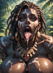 african_female dark-skinned_female very_dark_skin dreadlocks drooling close-up close_up_view looking_at_viewer pov open_mouth tongue_out drooling_cum dripping_cum cum_in_mouth cum_on_breasts cum_on_face huge_breasts athletic_female jungle_background jungle_girl tribal_jewelry tribal_female big_lips brown_eyes primitive cum ebony_female ai_generated original_character moonchild41 high_quality
