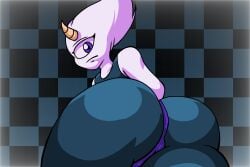 rira-lah oc original original_character ass ass_focus looking_at_viewer one_eye alien alien_girl adult adult_female white_hair white_body purple_eyes horn 2026 2026s unknown_artist extraterrestrial villainess pussy_visible_through_clothes evil_girl evil_female tight_clothing