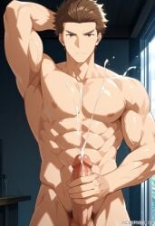 1boy 1guy abdomen ai_generated bara bara_body biceps bofuri brown_eyes brown_hair drag_(bofuri) erect_penis erection gay gay_male homosexual homosexual_male huge_cock huge_penis ia_generated itai_no_wa_iya_nano_de_bougyoryoku_ni_kyokufuri_shitai_to_omoimasu male muscular muscular_male pecs pectorals
