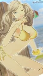1girls ann_takamaki dochaunt24 3d 3d_(artwork) persona persona_5 atlus blonde_hair hair beach pose posing smile blue_eyes one_eye_closed wink winking earrings ear_piercing lips medium_breasts breasts cleavage golden_bikini bikini bikini_top bikini_bottom topwear bottomwear swimwear golden_week yellow_bikini hips thighs scrunchie armwear solo solo_female female female_only alternate_version_available twintails textless textless_version