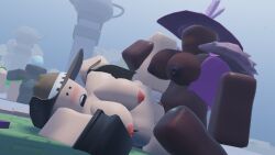 2girls 3d areolae background_character background_characters badplusactor bald blush breasts breasts_out carepad_(die_of_death) civilian_(die_of_death) die_of_death_(roblox) hat loveshot_(die_of_death) nipples nude outdoors partially_clothed pursuer_(die_of_death) pussy revolver_(die_of_death) roblox roblox_game robloxian scissoring tagme thighs tribadism yuri