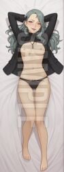 ai_generated tagme watermark hi_res highres high_resolution patreon sleeplessnighty sae_niijima persona persona_5 green_hair purple_eyes 1girls blush naughty_face solo solo_focus female_only lying lying_on_back full_body dakimakura breasts nipples panties arms_up clothing clothed