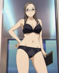 1girls black_bra black_panties bra female female_only glasses miru_tights okuzumi_yuiko panties screenshot_edit solo underwear underwear_only