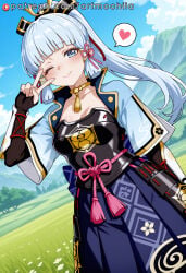 1girl kamisato_ayaka solo one_eye_closed blue_eyes armor smile spoken_heart breasts looking_at_viewer long_hair blue_hair outdoors v blush cleavage breastplate ponytail hair_ornament mole_under_eye heart ;) sky blue_sky blunt_bangs mole armored_dress day arm_guards light_blue_hair neck_tassel japanese_armor medium_breasts neck_ring flower_knot short_sleeves cloud closed_mouth gloves skirt tassel sidelocks ribbon hand_up blue_skirt v_over_eye collarbone black_gloves hair_ribbon mountain dress yellow_choker japanese_clothes tress_ribbon choker artmochiia ai_generated genshin_impact
