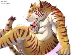 2017 anthro autofellatio black_fur censor_bar censored claws fangs feline fur green_eyes humanoid_penis male male_only mammal masturbation muscular open_mouth oral orange_fur penis pink_nose reclining simple_background solo striped_fur stripes sweat tiger tongue tongue_out toraya_inugami vein veiny_penis white_background white_fur