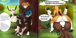 3_tails 5_fingers 5_toes anthro anthro_on_anthro anthro_penetrated anthro_penetrating anthro_penetrating_anthro anus balls big_balls black_anus black_claws black_nipples black_nose black_pawpads blue_claws blue_eyes bottomwear breasts brown_body brown_eyes brown_fur byser canid canine canis claws clothed clothing day domestic_dog duo english_text feet female female_penetrated fingers fox fur genitals grass head_tuft heterochromia hi_res male male/female male_penetrating male_penetrating_female mammal multi_tail multicolored_body multicolored_fur nipples outside pants pawpads penetration penile penile_penetration penis_in_vagina plant red_eyes rock sex shaded shirt shrub tail talking_to_another teasing text toes topwear tree tuft vaginal vaginal_penetration white_balls white_body white_fur