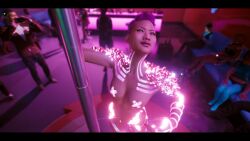 3d 3dcg asian_female cleavage commandersandwich76 cyberpunk_(series) cyberpunk_2077 dyed_hair edited_screencap game_cg highres large_breasts navel nipple_pasties pink_hair pink_hair_female pole_dancing short_hair strip_club stripper tagme unbothered uncaring_female unnamed_characters