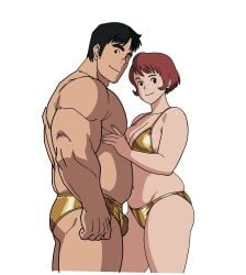 1boy 1girls auburn_hair big_breasts bikini black_hair bulge canon_couple cleavage female fukuo futoshi_slim gold_bikini golden_bikini golden_week husband_and_wife kiki's_delivery_service looking_at_viewer looking_back male muscular muscular_male osono plump red_hair short_hair slightly_chubby slightly_chubby_female smile speedo studio_ghibli swimsuit swimwear thick_thighs