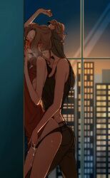 2girls against_wall bare_shoulders blush bottomless breath brown_hair character_request cityscape fingering full-face_blush hair_grab hair_over_one_eye long_hair multiple_girls night nikigo_nuno panties panty_pull underwear window yuri