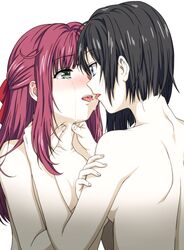 2girls arm asphyxiation back bare_arms bare_back bare_shoulders black_hair blue_eyes blush breasts crying crying_with_eyes_open eye_contact eyebrows_visible_through_hair female french_kiss green_eyes hair_ribbon half_updo highres homura_suzuko kissing looking_at_another lostorage_wixoss medium_breasts morikawa_chinatsu multiple_girls neck nude open_mouth purple_hair red_ribbon ribbon round_teeth saliva saliva_trail short_hair strangling tears teeth tongue tongue_out upper_body wixoss yakiniku_(konoha3561) yuri