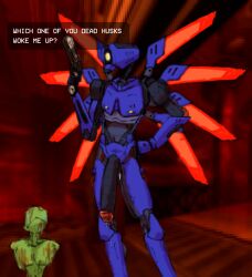 1male angry filth_(ultrakill) hand_on_hip penis precum precum_drip revolver robot robot_humanoid robot_joints robot_penis self_upload tick_tock_meme ultrakill v1_(ultrakill)