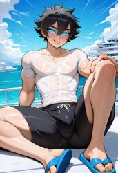 tyrisai ai_generated astriad_(cocky69) male male_only black_hair tousled_hair blue_eyes glowing_eyes black_shorts blue_sandals boat sea fit fit_male fit_body