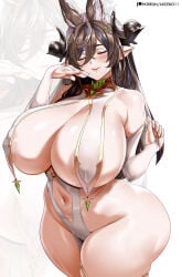 1girls galleon_(granblue_fantasy) granblue_fantasy arcedo brown_hair hair long_hair blue_highlights closed_eyes tongue tongue_out lips pointy_ears skimpy skimpy_clothes revealing_clothes detached_sleeves breast_curtains huge_breasts large_breasts big_breasts breasts cleavage wide_hips hips thick_thighs thighs pelvic_curtain areolae areola_slip solo solo_female female female_only