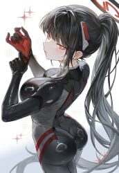 ariko_(aaaaarik) ass black_bodysuit black_hair black_halo blue_archive blunt_bangs blush bodysuit breasts bright_pupils closed_mouth gloves hair_ornament halo highres impossible_bodysuit impossible_clothes large_breasts latex latex_bodysuit long_hair mechanical_halo multicolored_halo official_alternate_costume official_alternate_hairstyle ponytail red_eyes red_halo ringed_eyes rio_(armed)_(blue_archive) rio_(blue_archive) sideboob sidelocks skin_tight solo two-tone_halo very_long_hair white_pupils