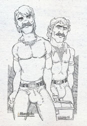 2002 2boys beard bulge chest_hair dated gay male male_only monochrome muscular older_male original penis_outline robin_walden traditional_media yaoi