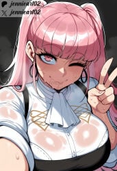 1girl ;) ai_generated artist_name ascot black_background blunt_bangs blush breasts closed_mouth clothing earrings female fingernails fire_emblem garreg_mach_monastery_uniform hilda_valentine_goneril hoop_earrings jennieart02 jewelry large_breasts long_hair looking_at_viewer one_eye_closed patreon patreon_logo patreon_username pink_eyes pink_hair reaching reaching_towards_viewer see-through shirt simple_background sleeves_rolled_up smile solo steaming_body sweat sweaty_clothes twintails twitter twitter_username uniform upper_body v very_sweaty watermark web_address wet wet_clothes wet_shirt white_ascot white_shirt