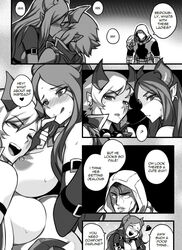 after_kiss blush breasts caitlyn_kiramman canon_couple comic demon_girl demon_vi english_text forsaken_jayce french_kiss greyscale jayce_talis kissing large_breasts league_of_legends monochrome nipples nude saliva saliva_string sex sieyarelow speech_bubble tongue tongue_out vi yuri