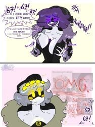 1boy 1girls blushing blushing_male boobs bouncing_breasts breasts carree_semi cringe grabbing_own_breast hat male/female murder_drones n_(murder_drones) purple_eyes purple_hair uzi_(murder_drones) yellow_eyes