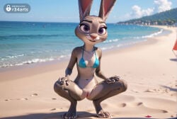 furry_female beach outdoors squatting bottomless swimsuit bikini furry animal_ears pussy solo breasts rabbit_girl small_breasts rabbit_ears day sand purple_eyes bikini_top_only spread_legs navel blue_bikini ocean looking_at_viewer uncensored sky body_fur animal_nose smile tongue full_body blue_sky water english_text umbrella animal_feet cloud beach_umbrella grey_fur teeth open_mouth blurry tongue_out artist_name r34arts hi_res ai_generated zootopia zootopia_2 judy_hopps disney 1girls female