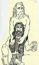 1994 2boys beard dated flaccid gay hippie long_hair male male_only monochrome muscular older_male original penis penis_through_fly pubic_hair robin_walden shorts simple_background soda_can traditional_media white_background yaoi