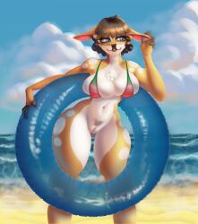absurd_res anthro beach big_breasts bikini bikini_top blue_eyes breasts brown_hair chest_tuft clothing cloud deer female genitals hair hi_res hishis inflatable inner_tube lana_(bonifasko) mammal multicolored_body portrait pubes sea solo spots swimwear thick_thighs three-quarter_portrait tuft two-piece_swimsuit two_tone_body vulva water