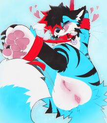 4_toes andromorph anthro anus bdsm black_nose blush bondage bound breath claws clitoris collar feet fur genitals hair heart_symbol hi_res intersex leash leash_around_foot leashed_andromorph leashed_anthro leashed_collar mammal motion_lines pawpads paws pink_pawpads red_collar red_leash red_rope restraints rex_(rexvander) rope rope_bondage rope_harness simple_background solo sparkles submissive tail tail_anus toe_claws toes tongue tongue_out vulva wuff34