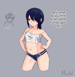 1boy 1boy1girl 1girls 2026 2d 2d_(artwork) alternate_version_at_source alternate_version_available artist_name belly black_hair breasts_visible_through_clothing chainsaw_man clothed_female clothing color colored denji_(chainsaw_man) english_text grey_background hand_on_hip high_resolution highres maskeds0z nayuta_(chainsaw_man) nipples nipples_visible_through_clothing ponytail ringed_eyes see-through see-through_clothing see-through_shirt small_breasts text thick_thighs tiny_breasts