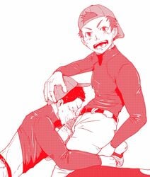 2boys baseball_uniform deepthroat erection fellatio hand_on_head hat kneeling licking male male_only mituki_nao multiple_boys penis saliva smile yaoi