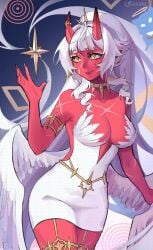 1girl akumi artist_name bare_shoulders breasts cleavage fingernails horns indie_virtual_youtuber long_fingernails long_hair looking_at_viewer nail_polish navel red_skin smile solo star_(symbol) thighhighs vyugen white_hair wings yellow_eyes