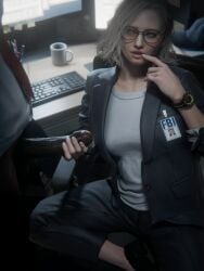 1boy 1girls 3d 3d_render blender blender_(software) blender_cycles blonde_hair clothed clothed_sex computer_monitor dark-skinned_male dark_skin erection glasses grace_ashcroft grace_ashcroft_(julia_pratt) handjob interracial light-skinned_female long_hair madrugasfm nathan_dempsy office_lady penis resident_evil resident_evil_9:_requiem sitting teasing