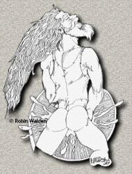1999 1boy archived_source ass back_view beard cum dated gay long_hair male male_only monochrome muscular older_male original robin_walden simple_background solo tank_top torn_clothes traditional_media yaoi