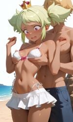 ai_generated beach bikini blush brawl_stars grabbing grabbing_from_behind grabbing_own_ass mandy_(brawl_stars) miniskirt navel open_mouth small_breasts surprised