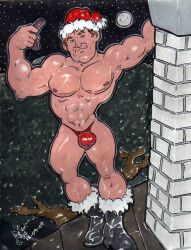 1boy 2009 boots brown_eyes brown_hair bulge chimney christmas cmanart_(calvin) dated gay holidays light_skin looking_at_viewer male male_only muscular night nipples outdoors red_thong santa_hat snow solo thong traditional_media yaoi