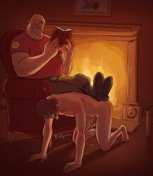 2boys all_fours arm_hair bald bald_male belly belt book boots chair clothed_male_nude_male clothing coller cum cumshot duo ejaculation erection face_mask fat fat_belly fat_male fire fireplace gay genitals grin heavy_(team_fortress_2) heavy_weapons_guy holding_book human human_only indoors kinkyressa legs_on_back light-skinned_male light_skin male male/male male_only mammal mask mature mature_male nude nude_male nude_male_clothed_male obese obese_male overweight overweight_male pants penis red_shirt sitting sitting_on_chair smiling spy_(team_fortress_2) team_fortress_2