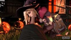 3d alternate_costume animated blonde_hair blue_eyes breasts cleavage erection fellatio female looking_at_viewer male mercy no_sound oral overwatch penis sfmllama source_filmmaker straight video witch_hat witch_mercy