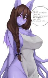 apron apron_only bat_ears bat_wings big_breasts big_thighs breasts brown_hair danaramor dante_will looking_at_viewer monster_girl multiple_arms multiple_eyes naked_apron purple_body speech_bubble thighs virtual_youtuber vtuber white_eyes