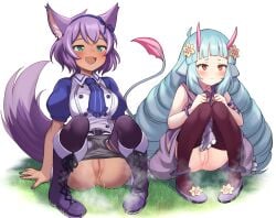 2girls absurdres animal_ears blue_hair commentary_request commission delmin_(show_by_rock!!) highres horns long_hair multiple_girls nyama panties pee peeing peeing_together pixiv_commission purple_hair pussy ruhuyu_(show_by_rock!!) show_by_rock!! tail underwear variant_set wolf_ears wolf_girl wolf_tail