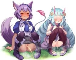 2girls absurdres animal_ears blush boots closed_eyes commentary_request commission delmin_(show_by_rock!!) highres horns long_hair multiple_girls nyama panties panty_pull pee peeing peeing_on_grass peeing_together pixiv_commission purple_hair purple_horns pussy ruhuyu_(show_by_rock!!) show_by_rock!! squatting tail thighhighs underwear variant_set wolf_ears wolf_tail